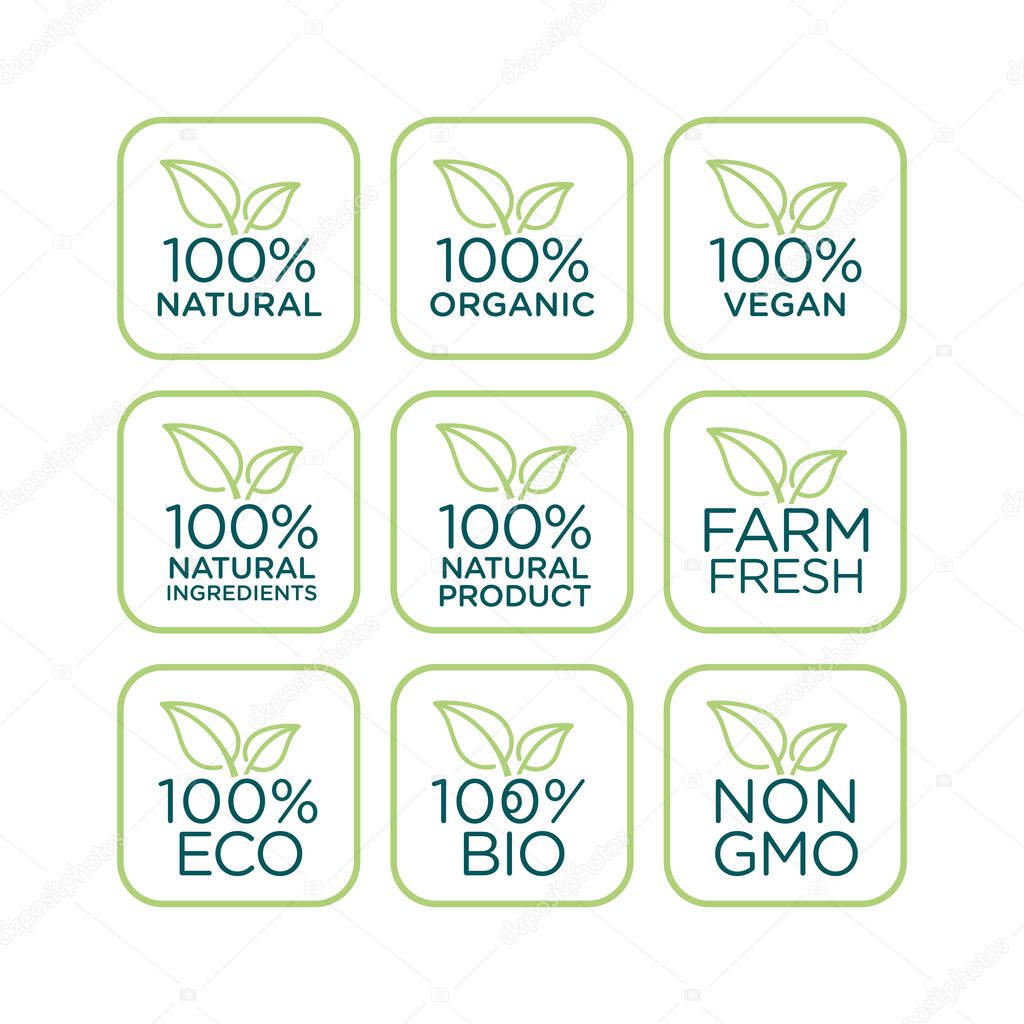 100% natural, organic, vegan, natural ingredients, natural product, farm fresh, eco, bio, gmo free icon set