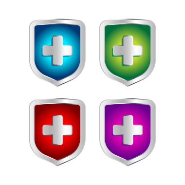 Kalkan rozet simgeleri ayarlandı. Beyaz arkaplanda izole edilmiş rozet vektör simgelerinin 3 boyutlu çizimi