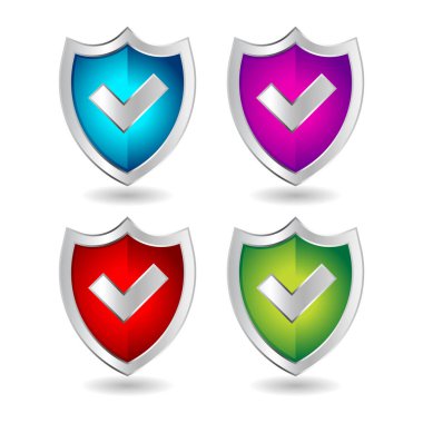 Kalkan rozet simgeleri ayarlandı. Beyaz arkaplanda izole edilmiş rozet vektör simgelerinin 3 boyutlu çizimi