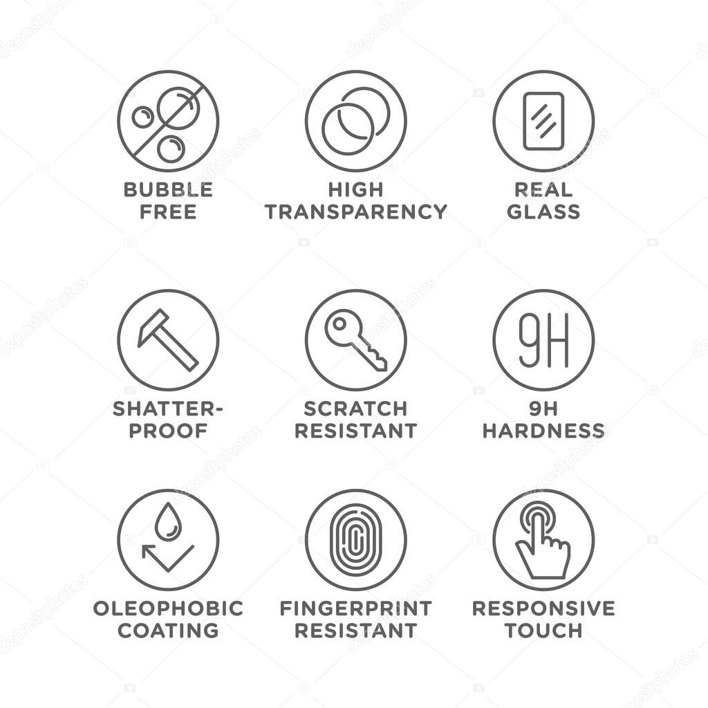 Smartphone screen protection icon set, tempered glass, screen