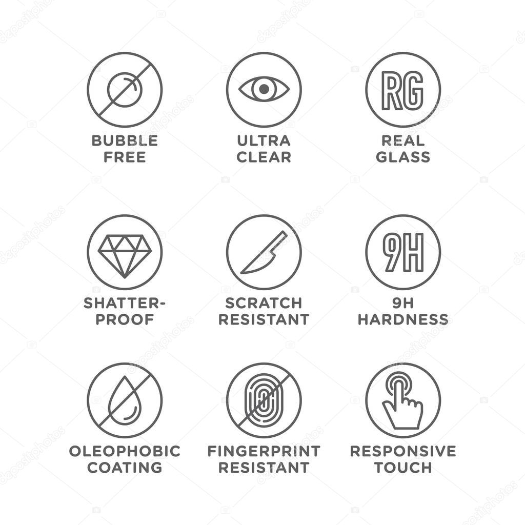 Smartphone screen protection icon set, tempered glass, screen