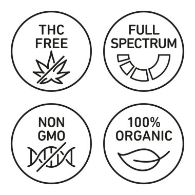 THC içermeyen,% 100 organik, GDO içermeyen, tam spektrumlu CBD yağ simgeleri