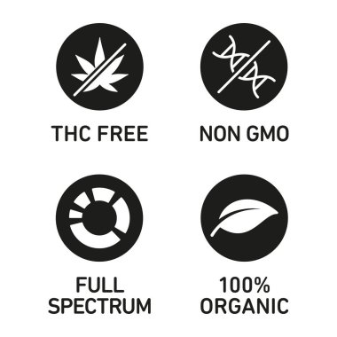 THC içermeyen,% 100 organik, GDO içermeyen, tam spektrumlu CBD yağ simgeleri