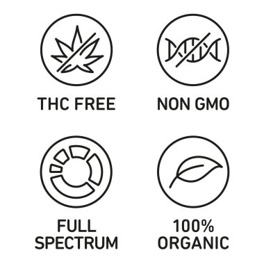 THC içermeyen,% 100 organik, GDO içermeyen, tam spektrumlu CBD yağ simgeleri