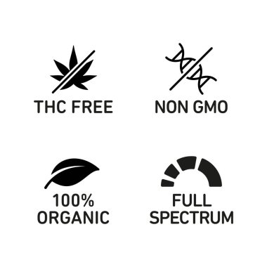 THC içermeyen,% 100 organik, GDO içermeyen, tam spektrumlu CBD yağ simgeleri