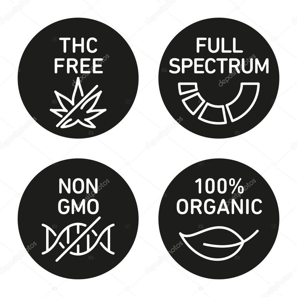 CBD oil icons set including THC free, 100% organic, non GMO, full spectrum