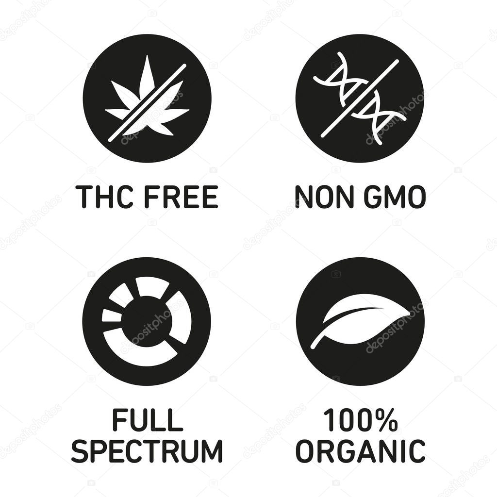 CBD oil icons set including THC free, 100% organic, non GMO, full spectrum