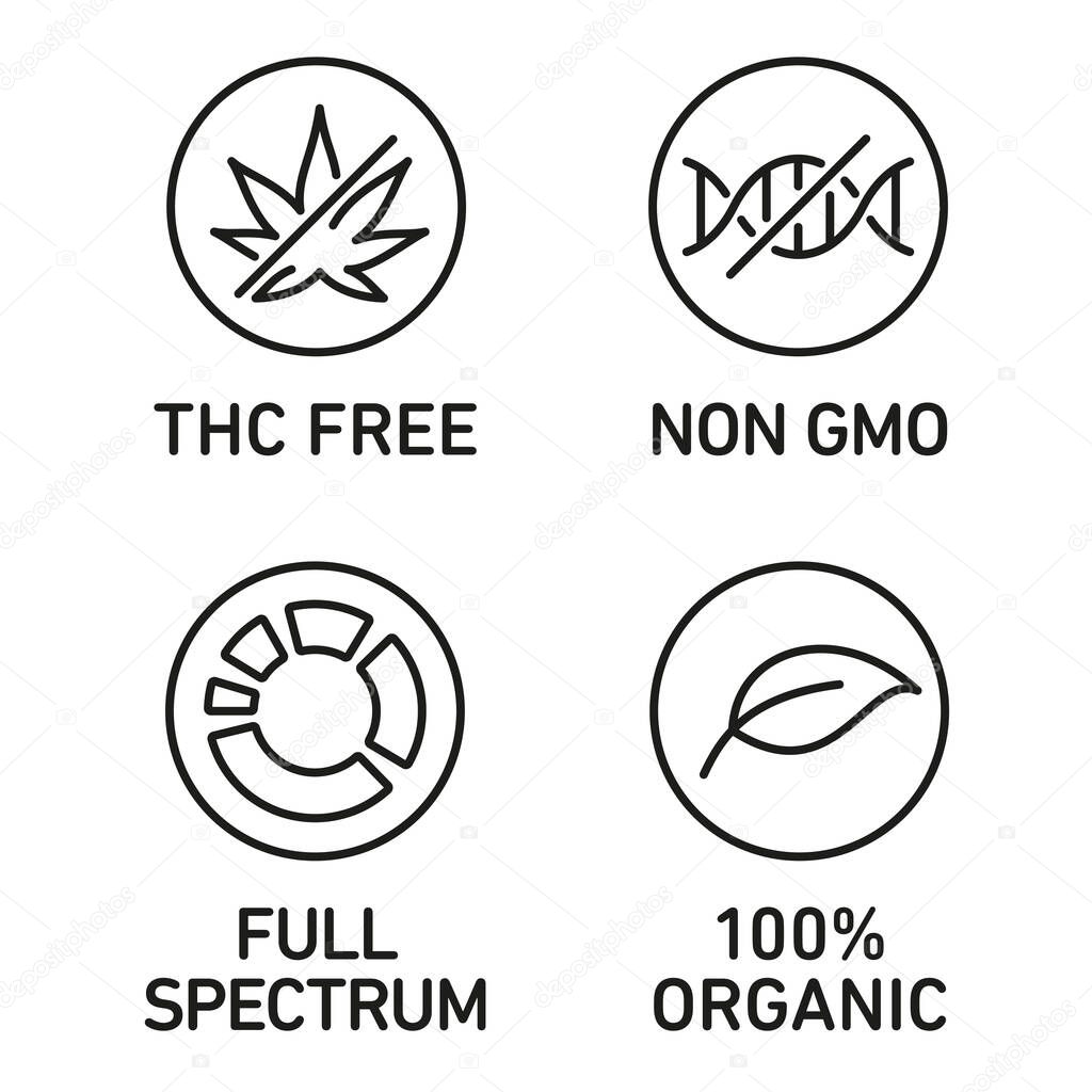CBD oil icons set including THC free, 100% organic, non GMO, full spectrum