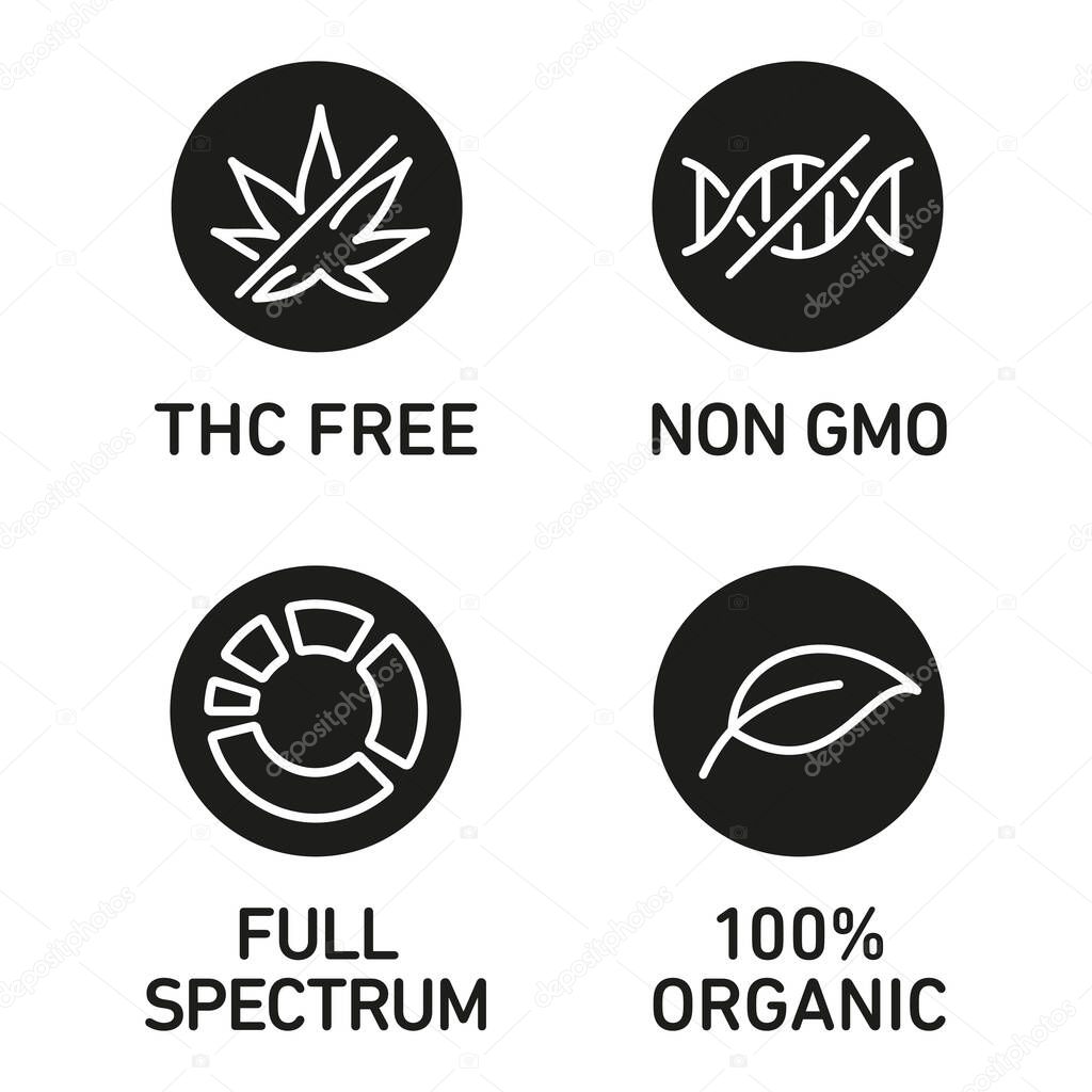 CBD oil icons set including THC free, 100% organic, non GMO, full spectrum