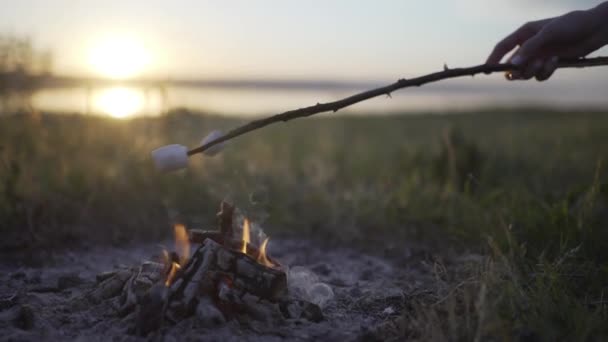 Torrefazione di marshmallow sul falò sulla spiaggia al tramonto — Video Stock
