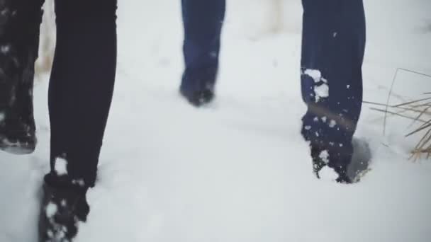 Un homme avec une femme marche à travers la neige profonde — Video