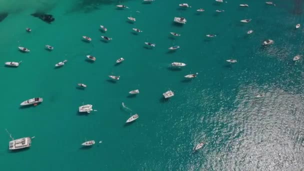 Luchtfoto van vele jachten in een baai op formentera eiland cala saona baai — Stockvideo