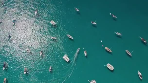 Luftaufnahme vieler Yachten in einer Bucht auf der Insel Formentera Cala Saona Bay Lizenzfreies Stock-Filmmaterial