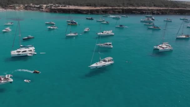 フォルメンタ島のカラ・サオナ湾の湾に浮かぶ多くのヨットの空の景色 — ストック動画