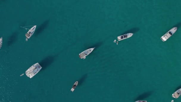 Vista aérea de muchos yates en una bahía en la isla de formentera cala saona bay — Vídeos de Stock