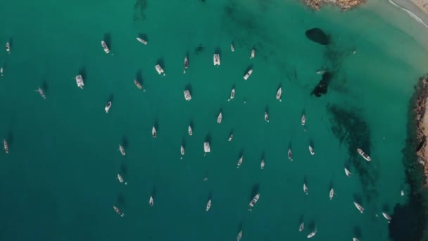 Formentera Adası Cala Saona Körfezi 'ndeki birçok yatın havadan görüntüsü. — Stok video