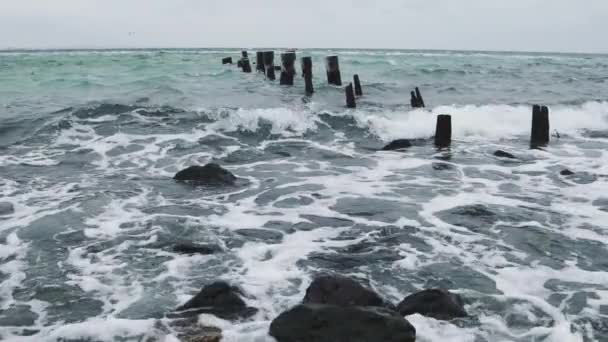 Морські хвилі в штормі в холодний день — стокове відео