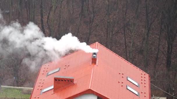 Rök Från Skorstenen Snöstorm Vintern — Stockvideo