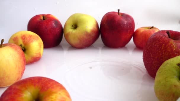 Μήλο Πέφτει Στο Νερό Αργή Κίνηση — Αρχείο Βίντεο