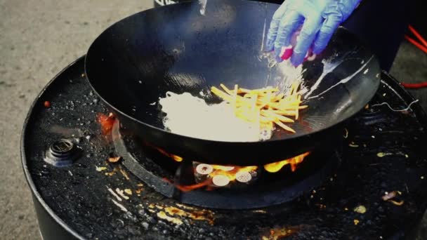 Asian Cuisine Cooking Wok Pan Slow Motion — Stock Video