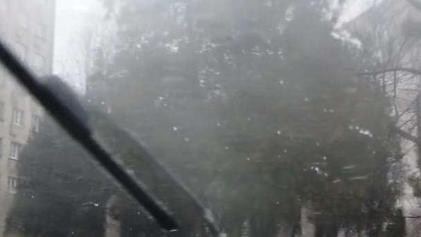 Schieten Vanuit Een Auto Tijdens Sneeuwstorm Langzame Beweging — Stockvideo