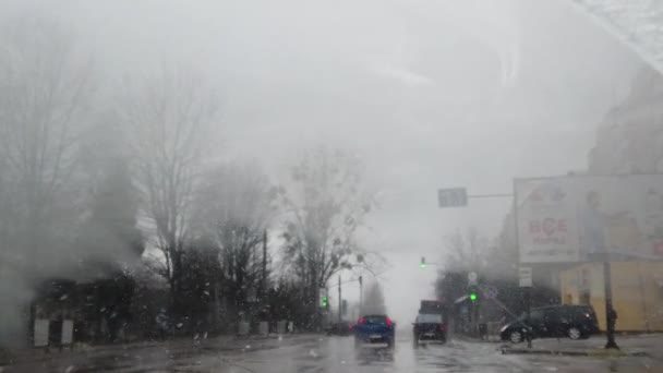 Schieten Vanuit Een Auto Tijdens Sneeuwstorm Langzame Beweging — Stockvideo