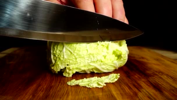 Cook Cuts Napa Cabbage Knife Slow Motion — Stock Video