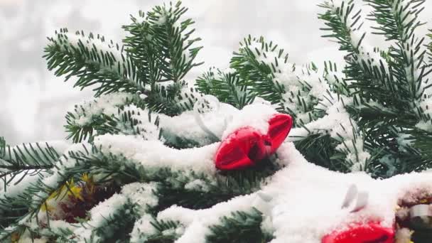 Takken Van Kerstboom Versierd Met Speelgoed Onder Sneeuw — Stockvideo