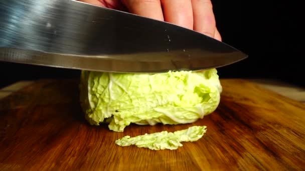 Cook Cuts Napa Cabbage Knife Slow Motion — Stock Video