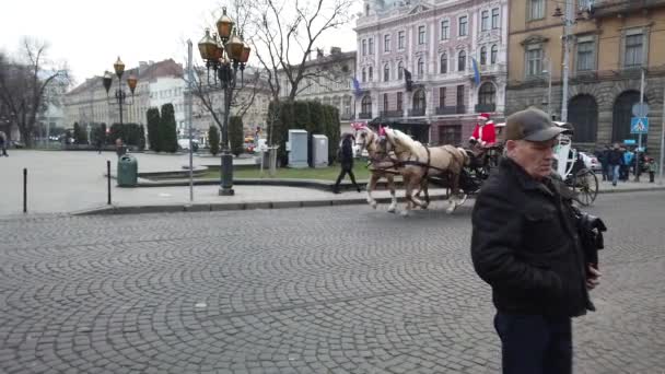Lviv Ουκρανία Ιανουαρίου 2020 Μια Άμαξα Άλογα Μεταφέρει Τουρίστες Όλη — Αρχείο Βίντεο