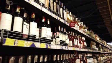 LVIV, UKRAINE - DECEMBER 29, 2019: Wine bottles in the supermarket.