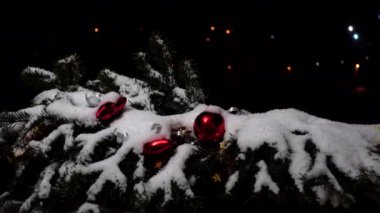 Noel ağacının dalları karların altında oyuncaklarla süslenmiş. Gece bir şehrin arka planında çekim yapmak.