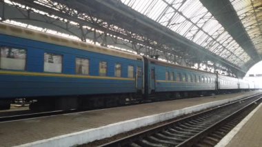 LVIV, UKRAINE - DECEMBER 21, 2019: Shooting of the train. Shooting at the Ukrainian railway station.