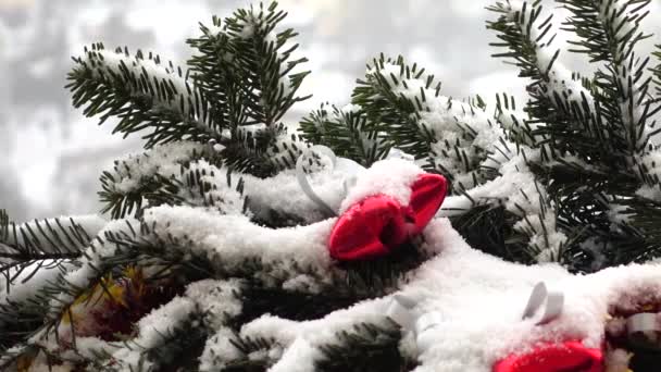Gałęzie Choinki Ozdobione Zabawkami Pod Śniegiem — Wideo stockowe