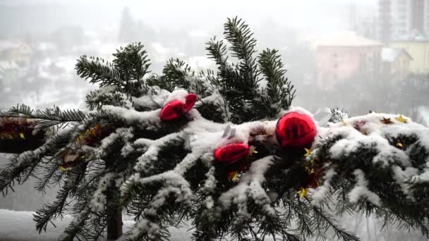 Zweige Des Weihnachtsbaums Mit Spielzeug Unter Schnee Geschmückt — Stockvideo