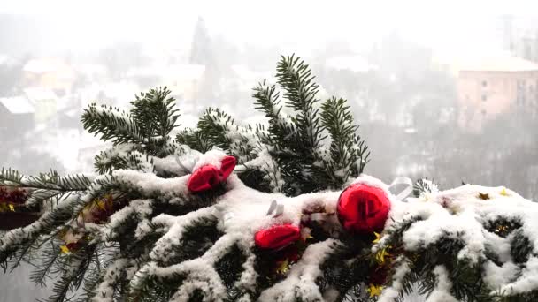 Filialer Julgran Dekorerade Med Leksaker Snö — Stockvideo