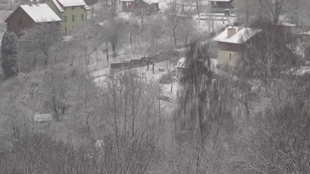 Casas Tempestade Neve Tiro Inverno — Vídeo de Stock