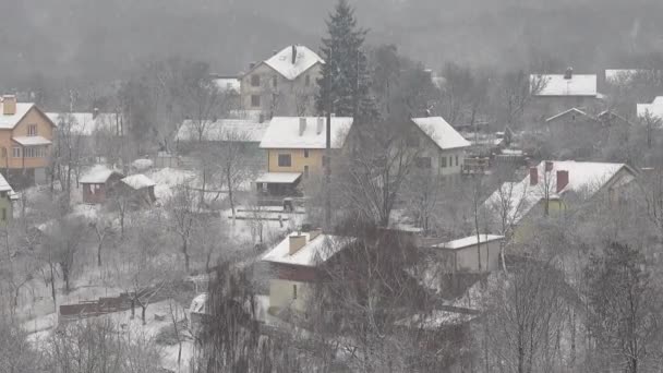 Casas Tempestade Neve Tiro Inverno — Vídeo de Stock