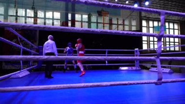 Lviv, Ukrayna - 4 Aralık 2019: Gençler arasında boks şampiyonası 2002-2003. Yavaş çekim.