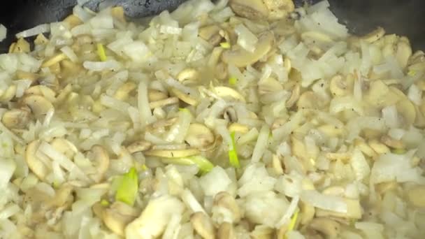 Preparation Champignons Mushrooms Onions Cast Iron Pan — Stock Video