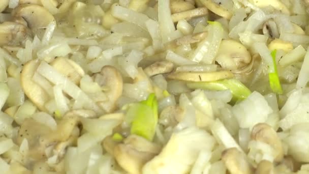 Bereiding Van Champignons Champignons Met Uien Gietijzeren Pan — Stockvideo