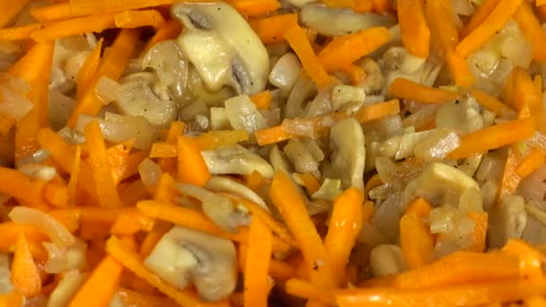 Preparation Champignons Mushrooms Onions Carrots Cast Iron Pan — Stock Video