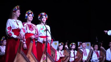 Lviv, Ukrayna - 10 Kasım 2019: Lviv Bandur Fest 2019. Müzik enstrümanı bandura kullanan folk gruplarının performansları.