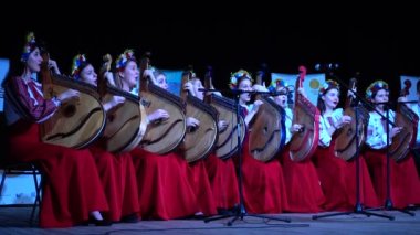 Lviv, Ukrayna - 10 Kasım 2019: Lviv Bandur Fest 2019. Müzik enstrümanı bandura kullanan folk gruplarının performansları.