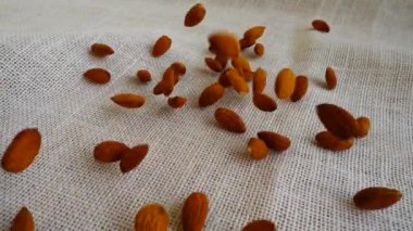 Badem fıstığı. Çuvala düşerken ateş etmek. Yavaş çekim.