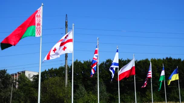 Прапори Білорусі Грузії Великобританії Ізраїлю Польщі Узбекистану України Флагштоках — стокове відео