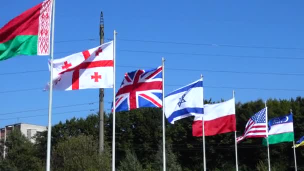 Прапори Білорусі Грузії Великобританії Ізраїлю Польщі Узбекистану України Флагштоках — стокове відео