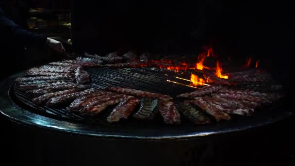 Sertésborda Sült Tűzön Barbecue Lassú Mozgás — Stock videók