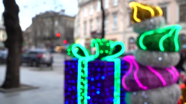 Nieuwjaarsdecoratie Van Straat Onscherp — Stockvideo