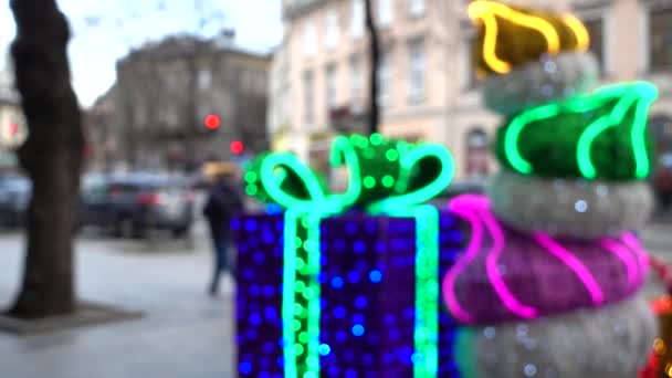 Nieuwjaarsdecoratie Van Straat Onscherp — Stockvideo